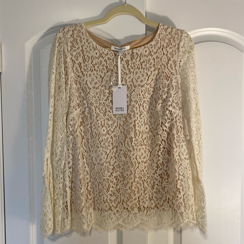 NWT Rose + Olive | Tan & Cream Lace Bell-Sleeved Blouse